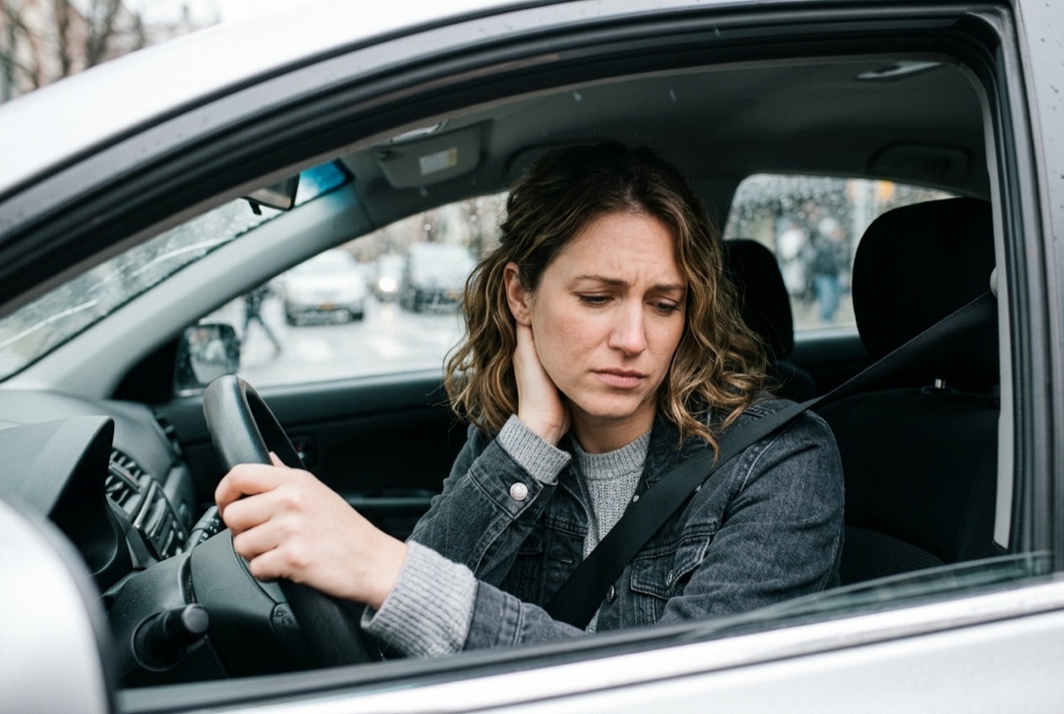 Woman in her car after a collision holding her neck